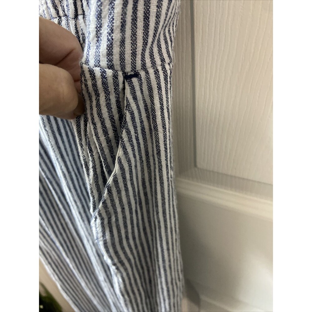 Old Navy Linen Jumper Womens Small Blue White Striped Faux Wrap Wide Leg - Picture 10 of 10